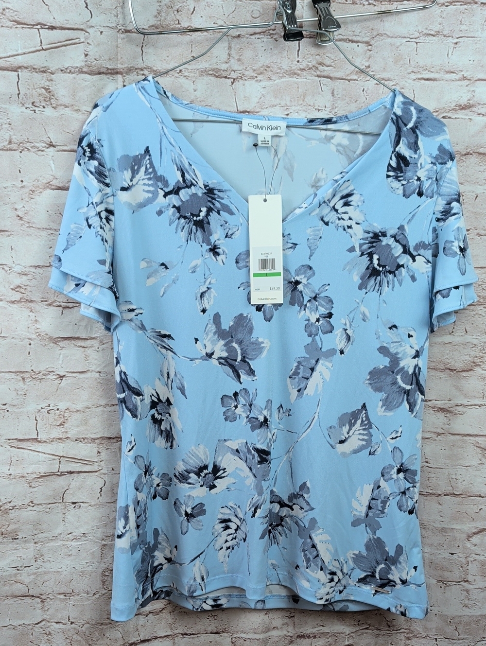 Calvin Klein Light Blue Floral V-Neck Short Sleeve Top Large Nwt